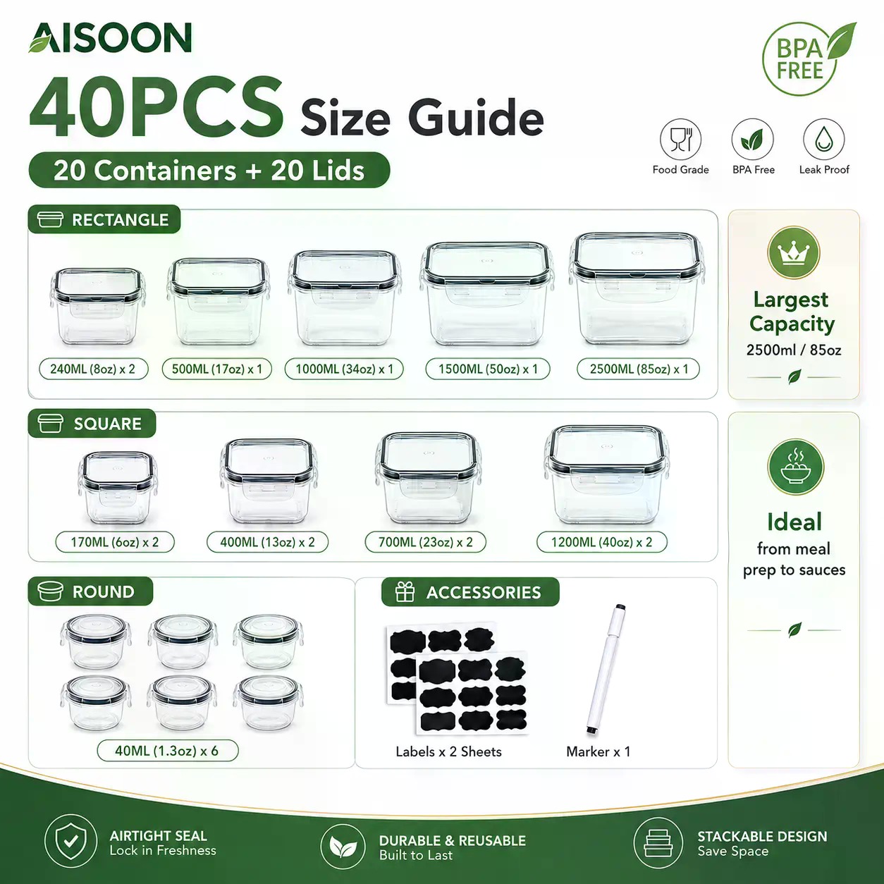 40 PCS Extra Large 85oz Silico - огляд і ціна Food Storage Meals